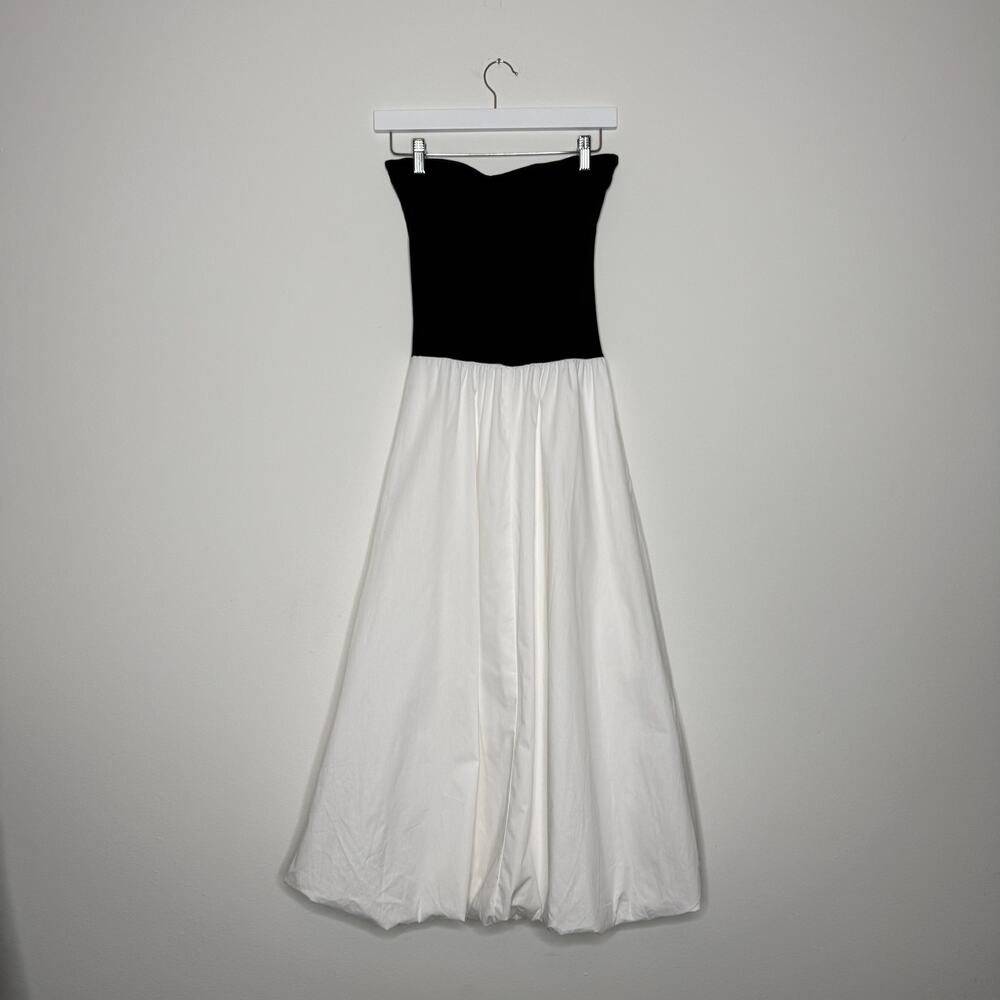 Mango MNG Strapless Bubble Hem Dress XS | Black & White Cotton Midi - Picture 2 of 5